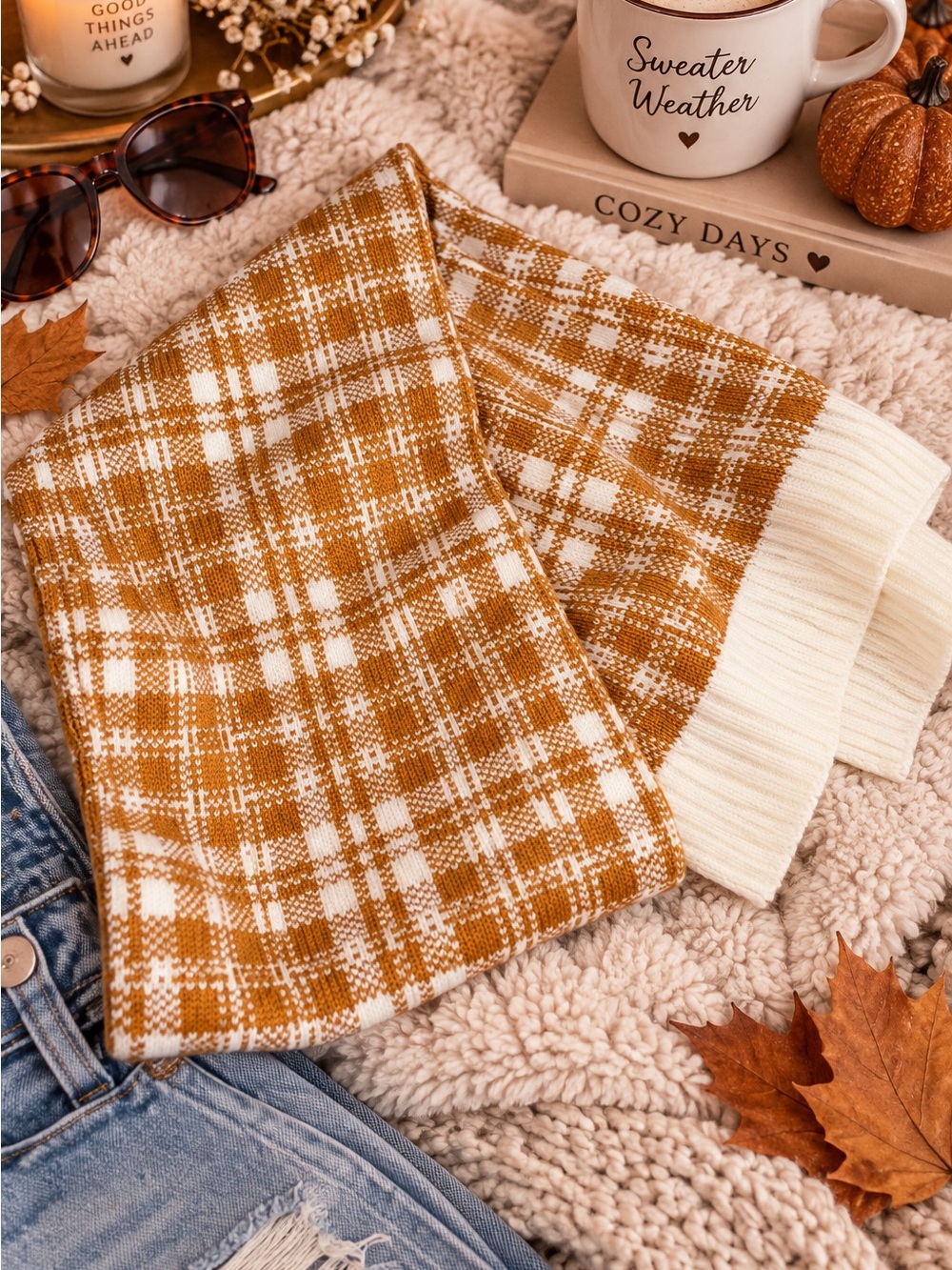 Timberland Plaid Knit Scarf Yellow White Checkered NWT 68x10 Winter Cold Weather
